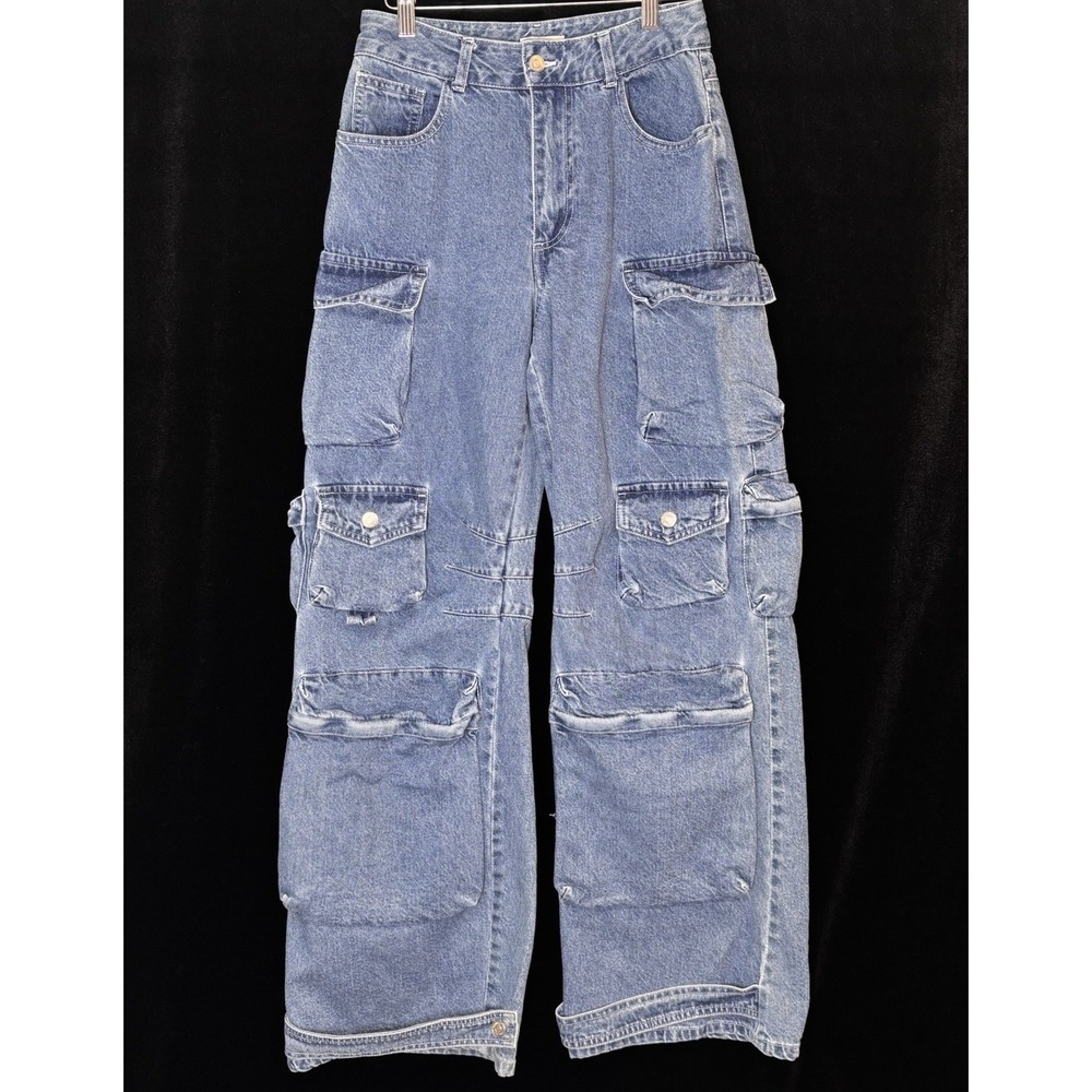 Forever 21 Jeans Womens 26 Blue Cargo Utility Wide Leg Y2K Streetwear Skater